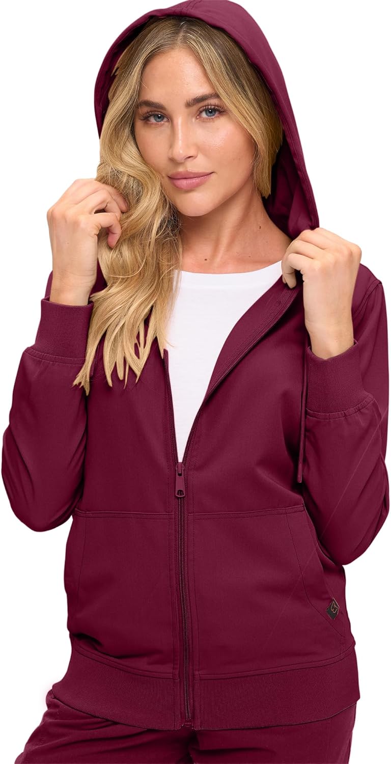 Monarch Uniforms Women's Scrub Jacket Hoodie – Lightweight Zip Up Nursing Jacket - Burgundy