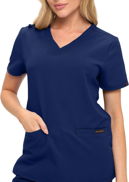 Monarch Uniforms Women's Scrub Top – Comfortable Stretch V-Neck Medical Shirt with Pockets - Navy Blue