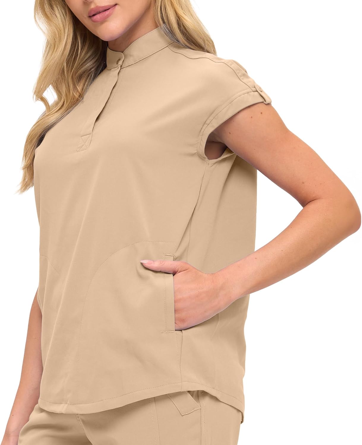 Monarch Uniforms Women's Jogger Scrub Set with Oversized Scrub Top with Mandarin Collar - Khaki
