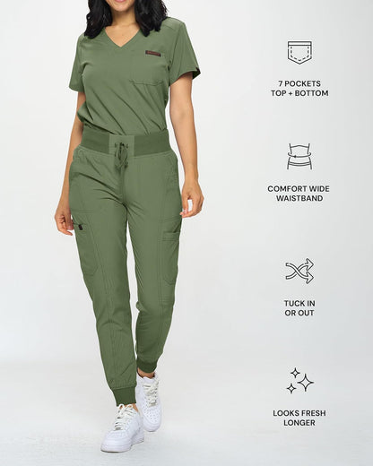 Monarch Uniforms Slim Fit Stretchy Scrubs Women's Jogger Scrub Set with Tuck-In Top - Olive Green
