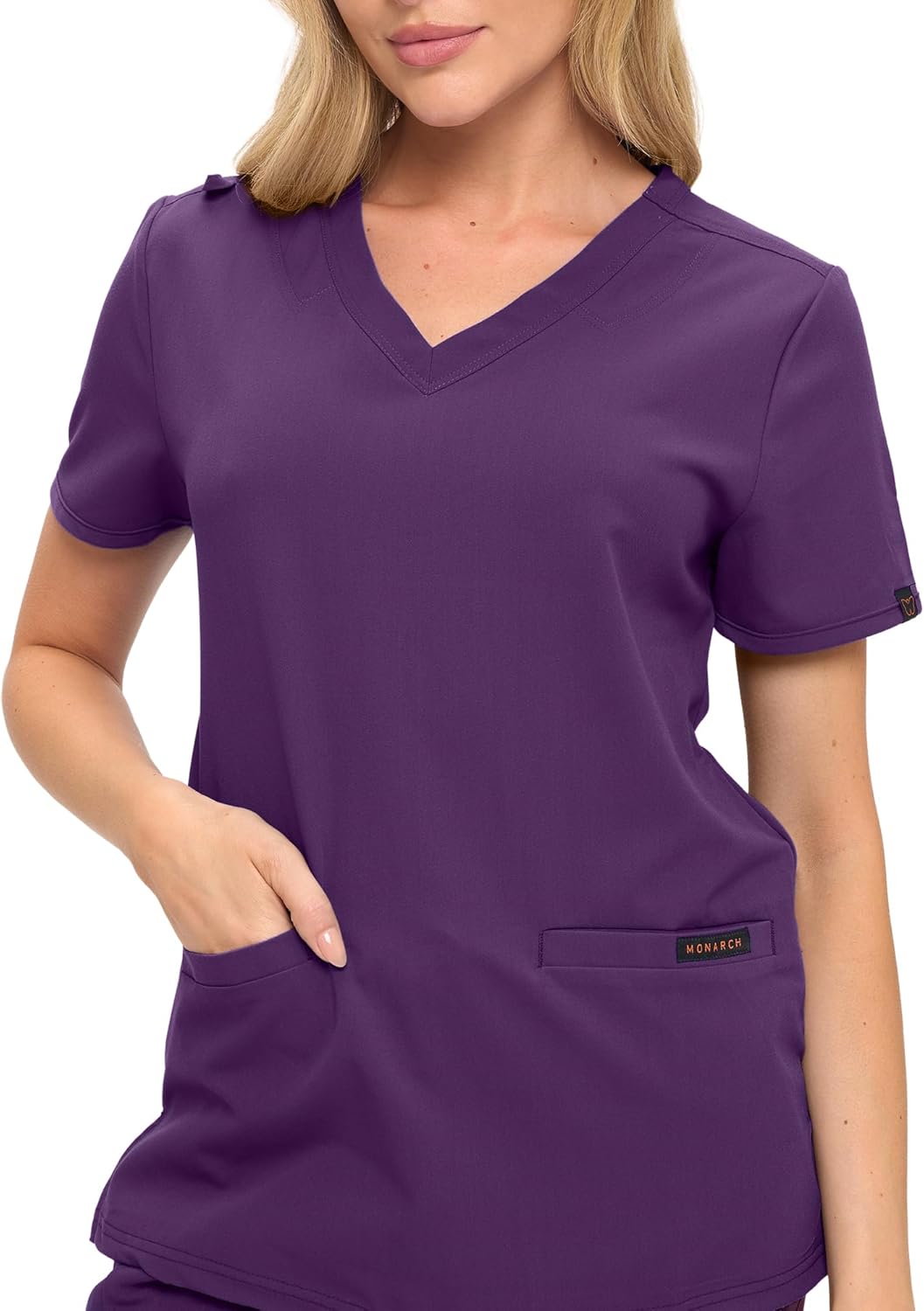Monarch Uniforms Women's Scrub Top – Comfortable Stretch V-Neck Medical Shirt with Pockets - Eggplant