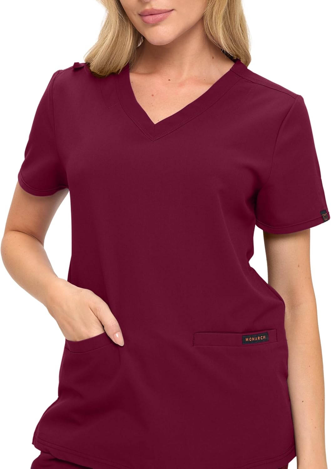 Monarch Uniforms Women's Scrub Top – Comfortable Stretch V-Neck Medical Shirt with Pockets - Burgundy