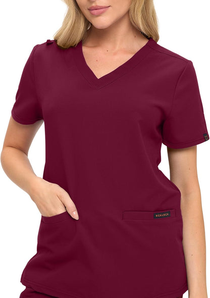 Monarch Uniforms Women's Scrub Top – Comfortable Stretch V-Neck Medical Shirt with Pockets - Burgundy
