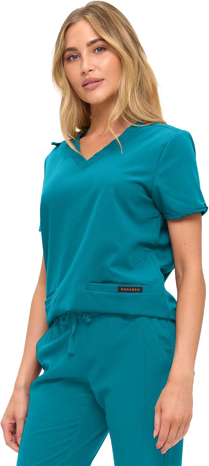 Monarch Uniforms Women's Scrub Top – Comfortable Stretch V-Neck Medical Shirt with Pockets - Teal