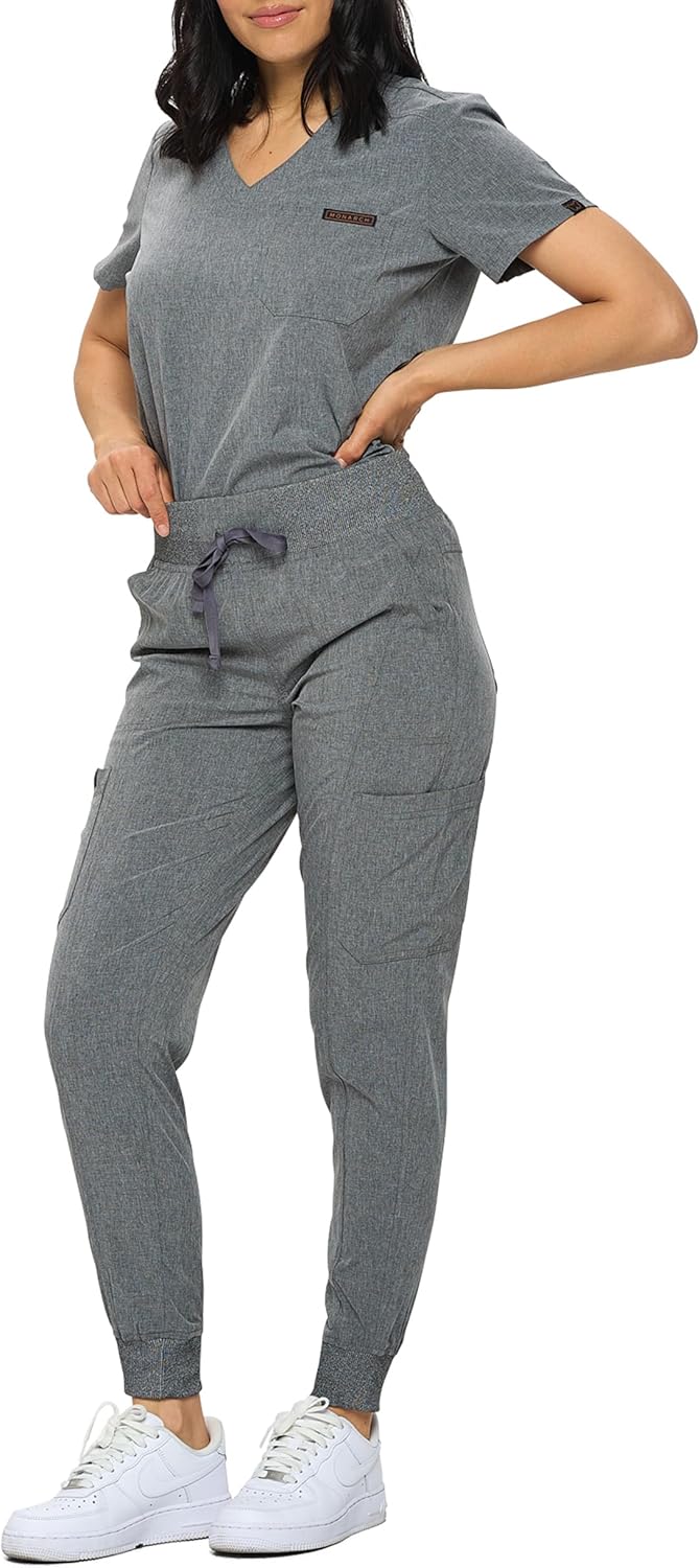 Monarch Uniforms Slim Fit Stretchy Scrubs Women's Jogger Scrub Set with Tuck-In Top - Heather Gray