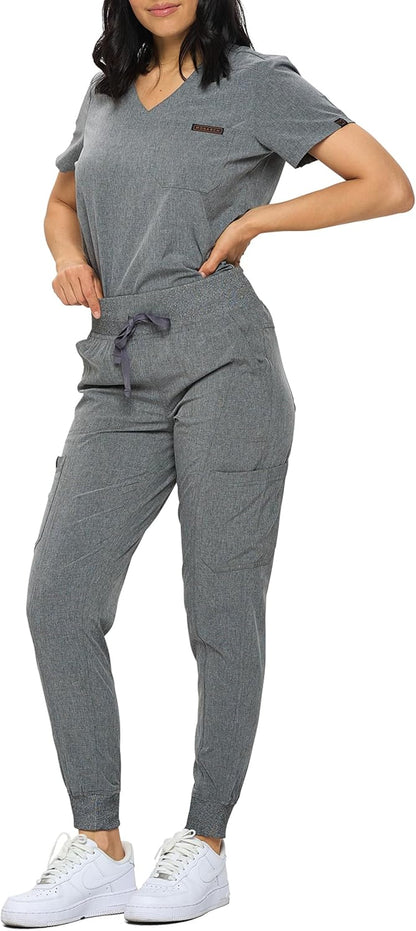 Monarch Uniforms Slim Fit Stretchy Scrubs Women's Jogger Scrub Set with Tuck-In Top - Heather Gray