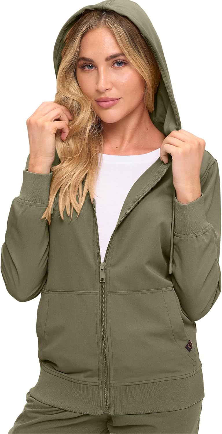 Monarch Uniforms Women's Scrub Jacket Hoodie – Lightweight Zip Up Nursing Jacket - Olive