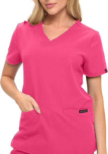Monarch Uniforms Women's Scrub Top – Comfortable Stretch V-Neck Medical Shirt with Pockets - Hot Pink