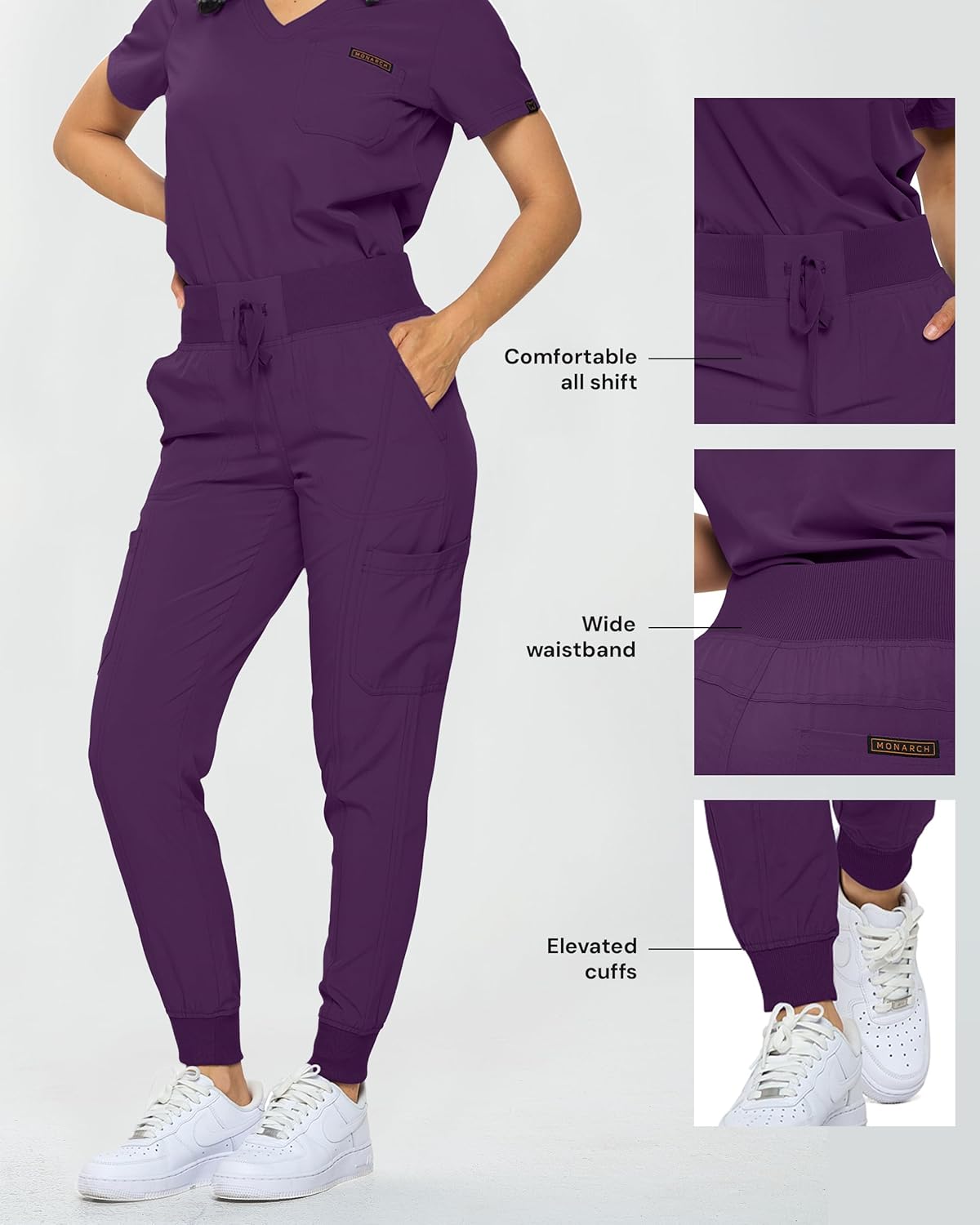 Monarch Uniforms Slim Fit Stretchy Scrubs Women's Jogger Scrub Set with Tuck-In Top - Eggplant