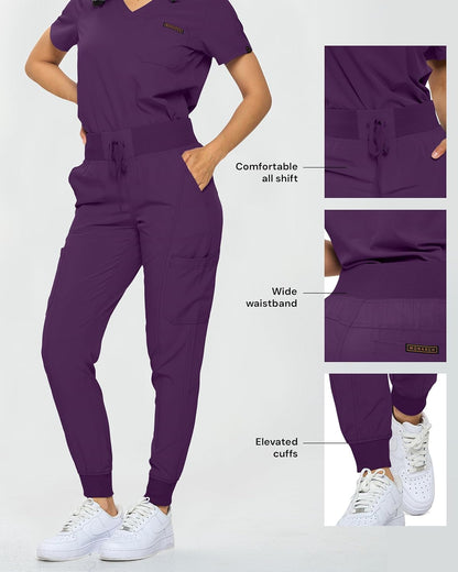 Monarch Uniforms Slim Fit Stretchy Scrubs Women's Jogger Scrub Set with Tuck-In Top - Eggplant