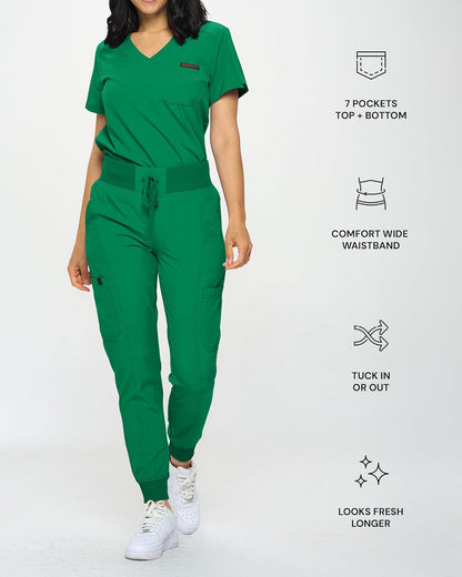 Monarch Uniforms Slim Fit Stretchy Scrubs Women's Jogger Scrub Set with Tuck-In Top - Hunter Green