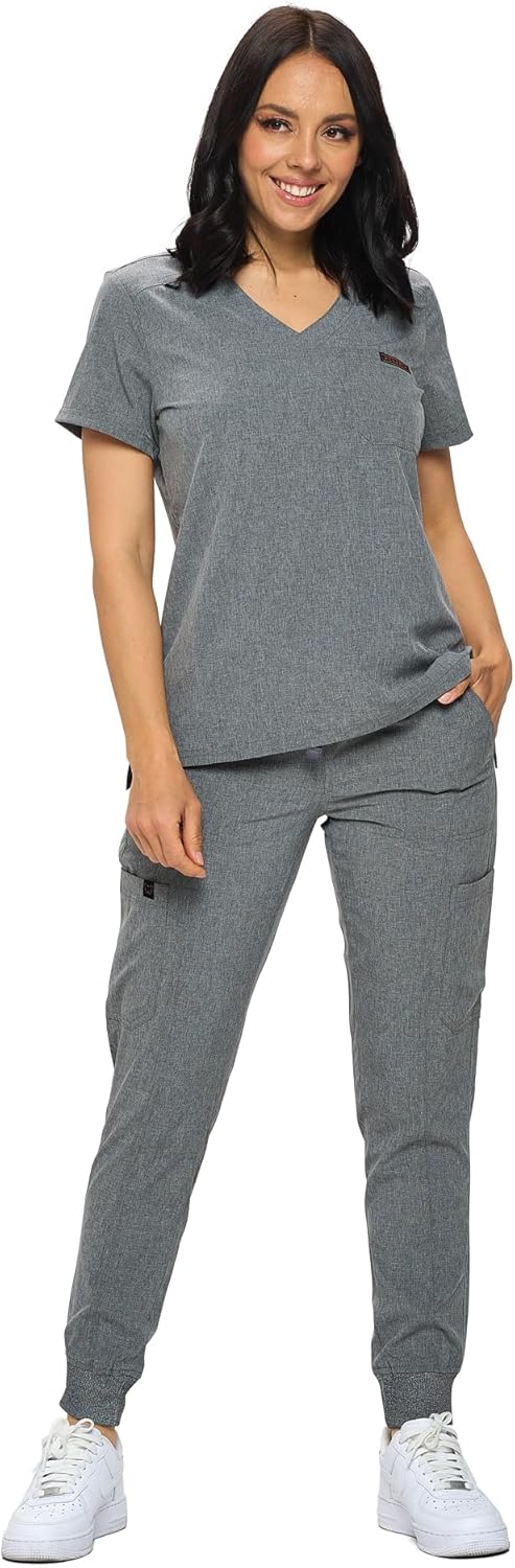 Monarch Uniforms Slim Fit Stretchy Scrubs Women's Jogger Scrub Set with Tuck-In Top - Heather Gray