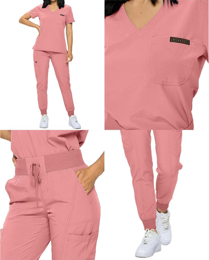 Monarch Uniforms Slim Fit Stretchy Scrubs Women's Jogger Scrub Set with Tuck-In Top - Mauve