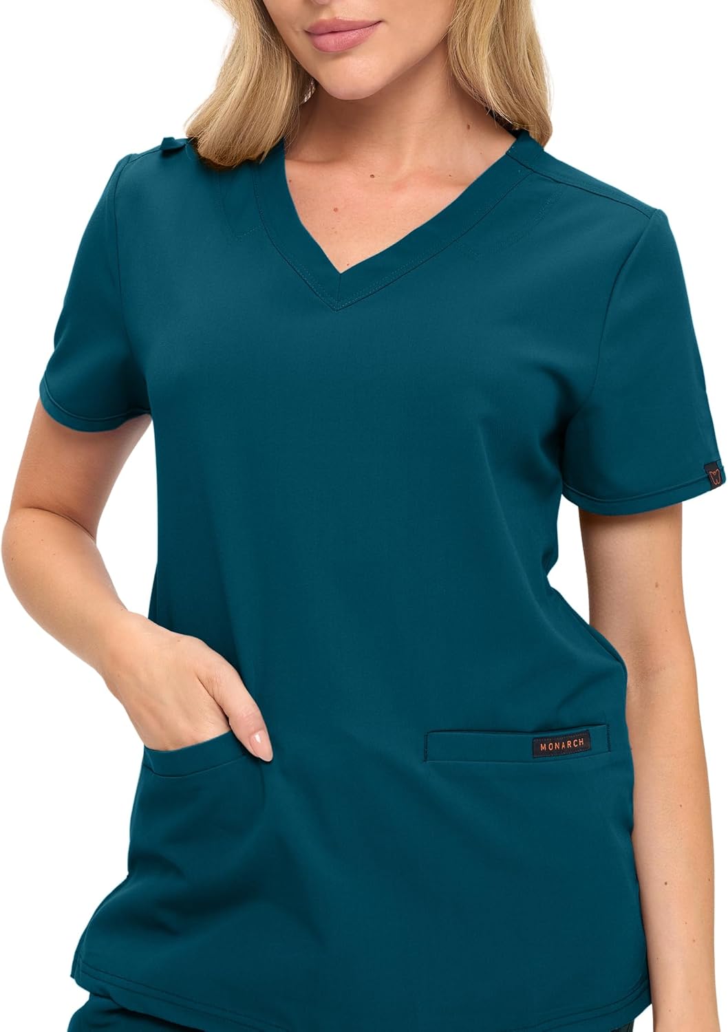 Monarch Uniforms Women's Scrub Top – Comfortable Stretch V-Neck Medical Shirt with Pockets - Caribbean Blue