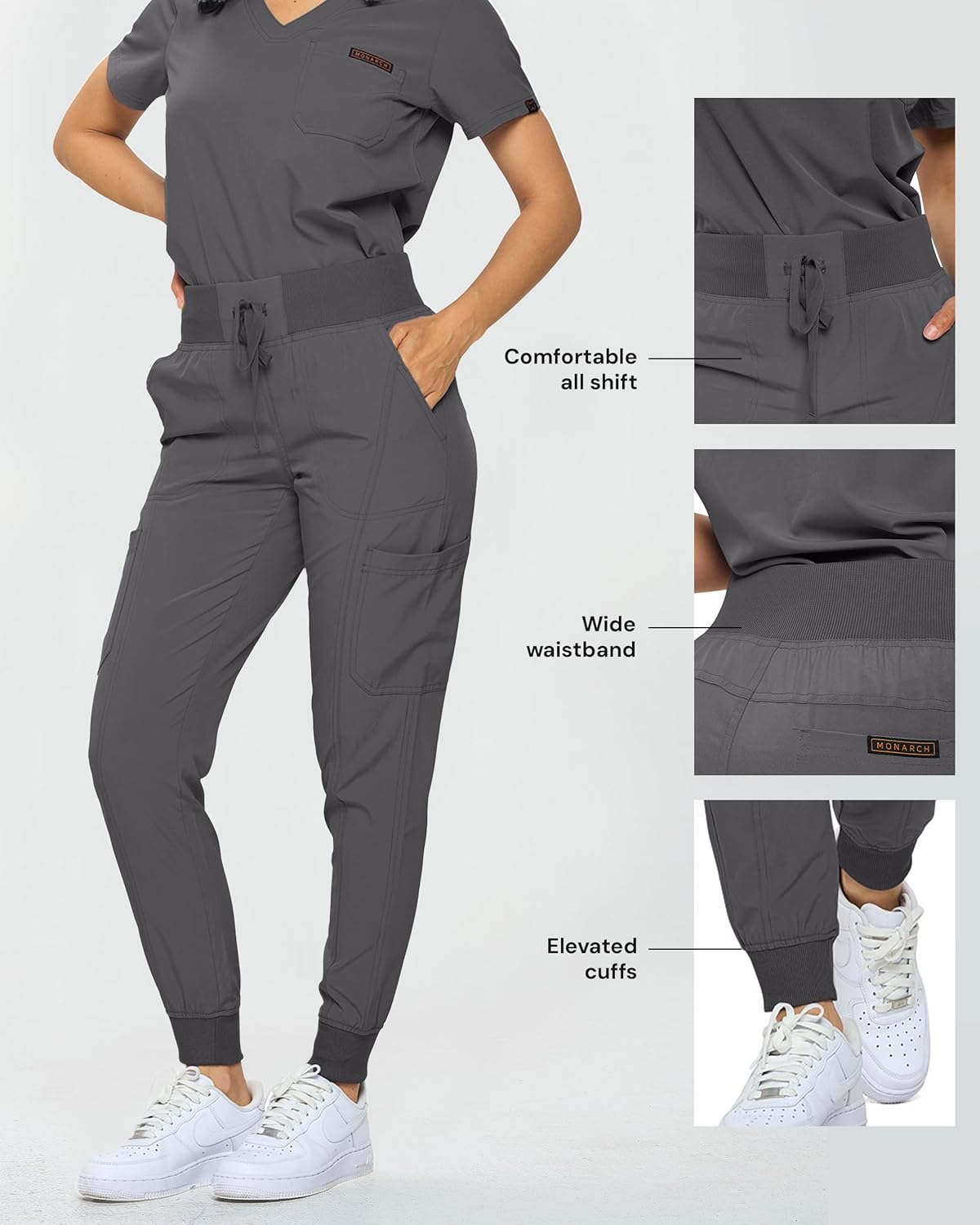 Monarch Uniforms Slim Fit Stretchy Scrubs Women's Jogger Scrub Set with Tuck-In Top - Charcoal