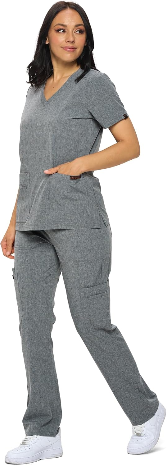 Monarch Uniforms Scrub Sets - Regular & Petite Stretchy Scrubs for Women - Set of Top & Pants - Heather Gray