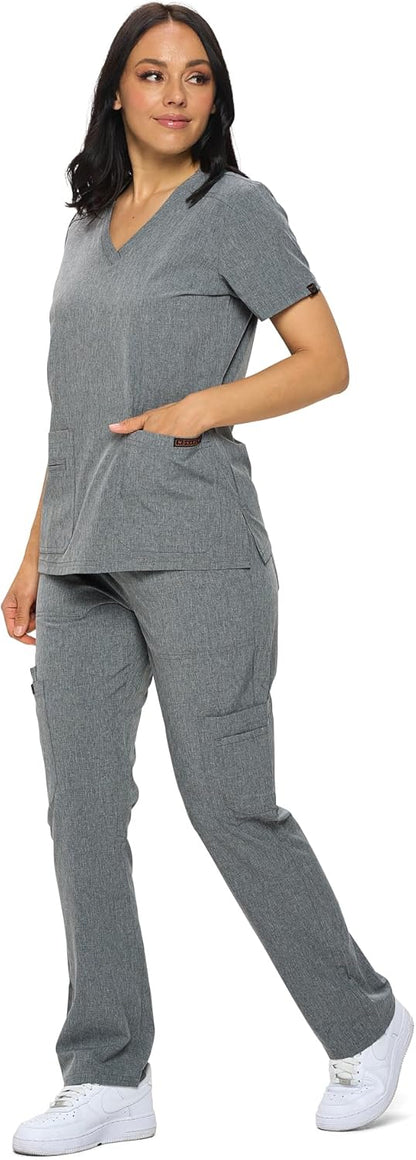 Monarch Uniforms Scrub Sets - Regular & Petite Stretchy Scrubs for Women - Set of Top & Pants - Heather Gray