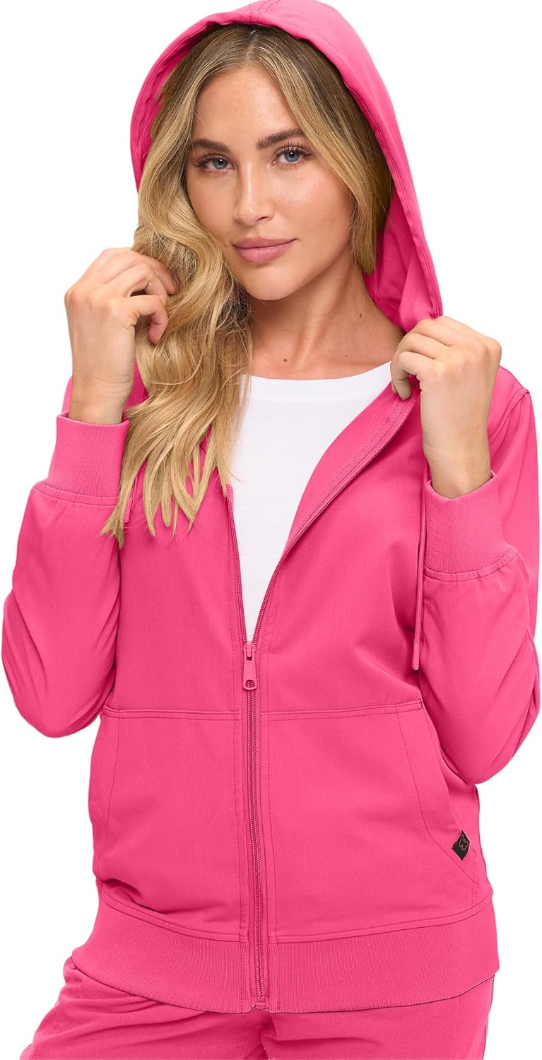 Monarch Uniforms Women's Scrub Jacket Hoodie – Lightweight Zip Up Nursing Jacket - Hot Pink