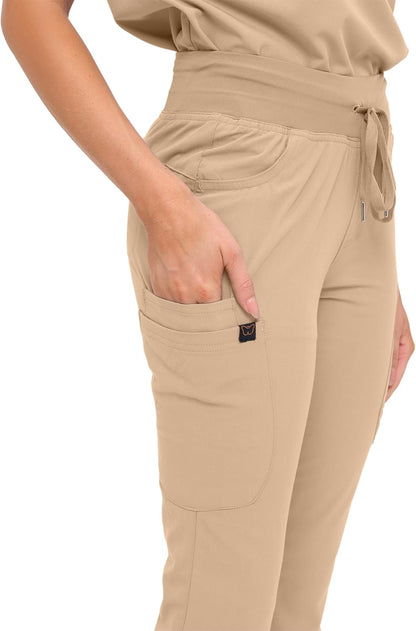 Monarch Uniforms Women's Soft Stretch Scrub Set With Nine Pockets – V-Neck Top & High-Waisted Bootcut Pants - Khaki