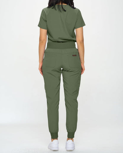 Monarch Uniforms Slim Fit Stretchy Scrubs Women's Jogger Scrub Set with Tuck-In Top - Olive Green