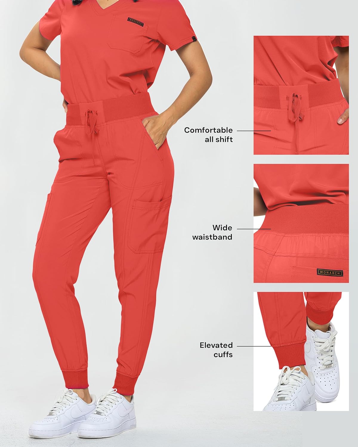 Monarch Uniforms Slim Fit Stretchy Scrubs Women's Jogger Scrub Set with Tuck-In Top - Coral