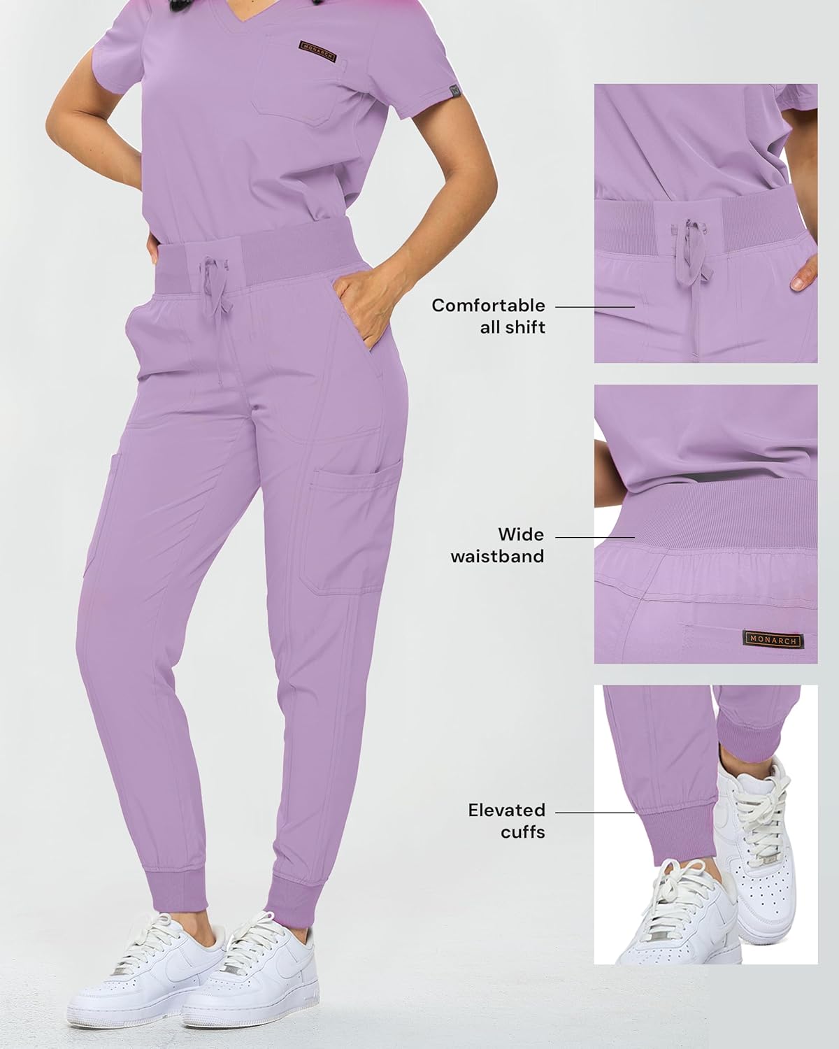 Monarch Uniforms Slim Fit Stretchy Scrubs Women's Jogger Scrub Set with Tuck-In Top - Lavender