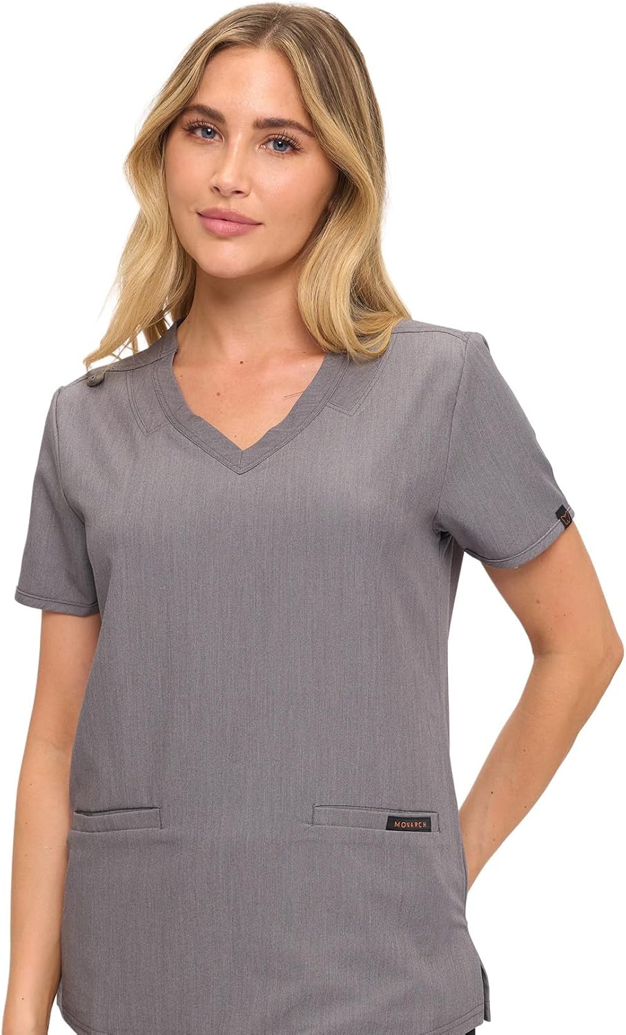 Monarch Uniforms Women's Scrub Top – Comfortable Stretch V-Neck Medical Shirt with Pockets - Heather Grey