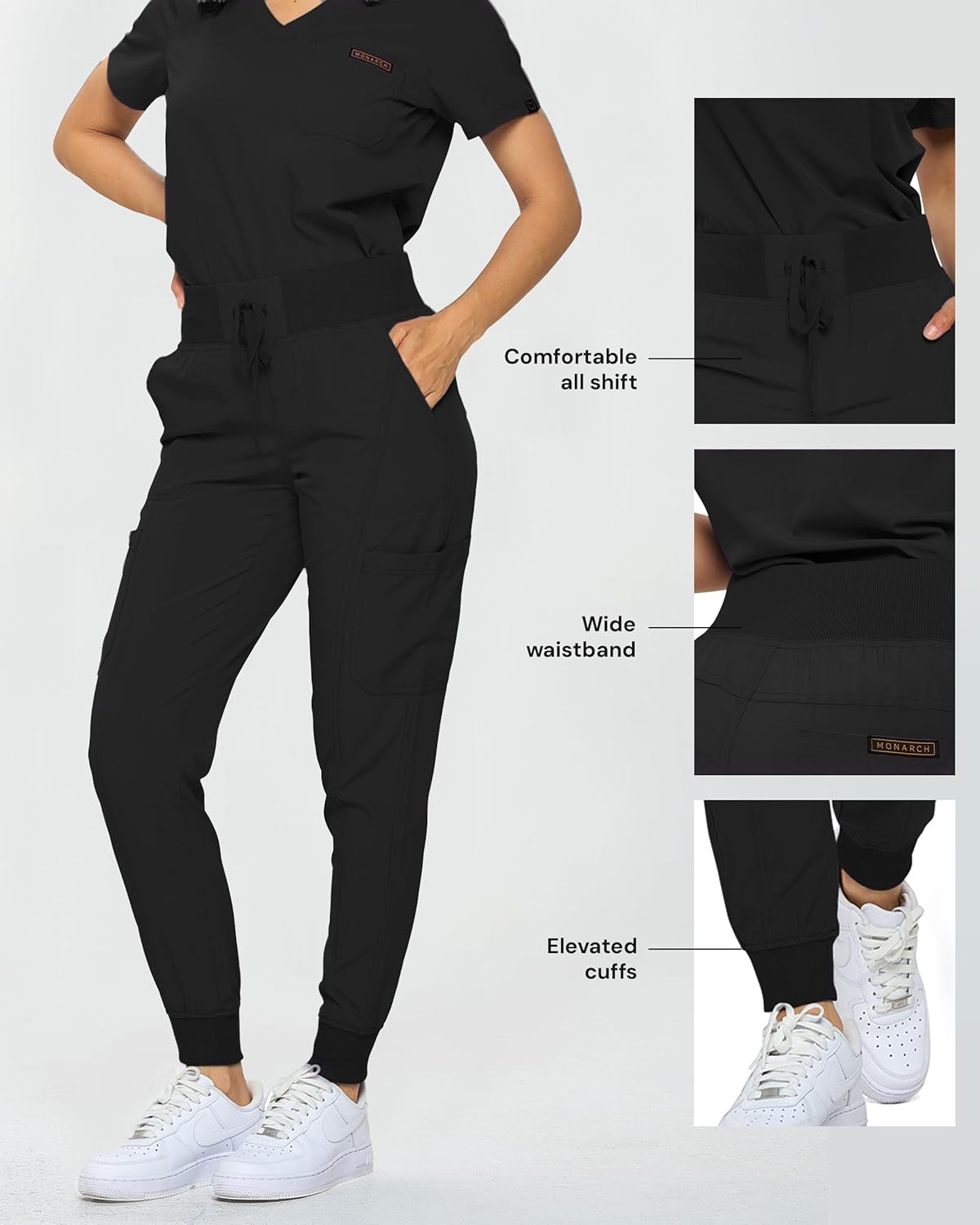 Monarch Uniforms Slim Fit Stretchy Scrubs Women's Jogger Scrub Set with Tuck-In Top - Black