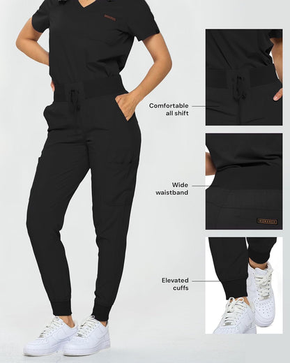 Monarch Uniforms Slim Fit Stretchy Scrubs Women's Jogger Scrub Set with Tuck-In Top - Black