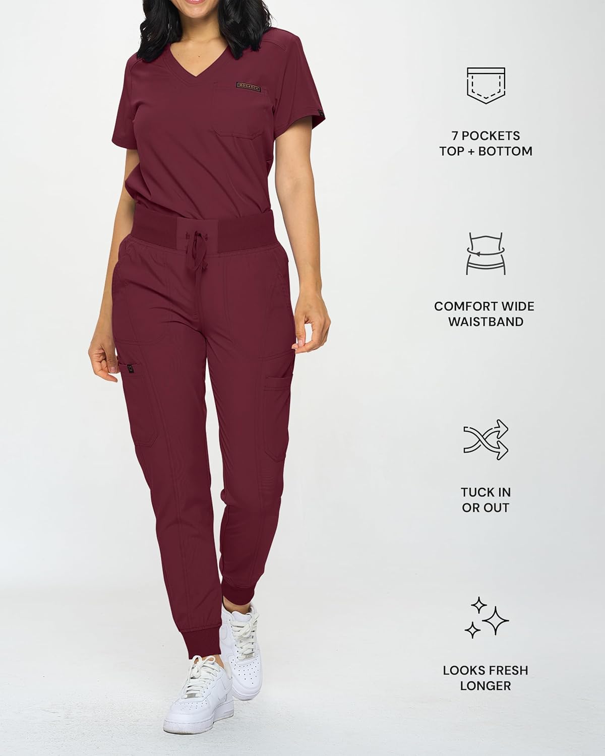 Monarch Uniforms Slim Fit Stretchy Scrubs Women's Jogger Scrub Set with Tuck-In Top - Burgundy
