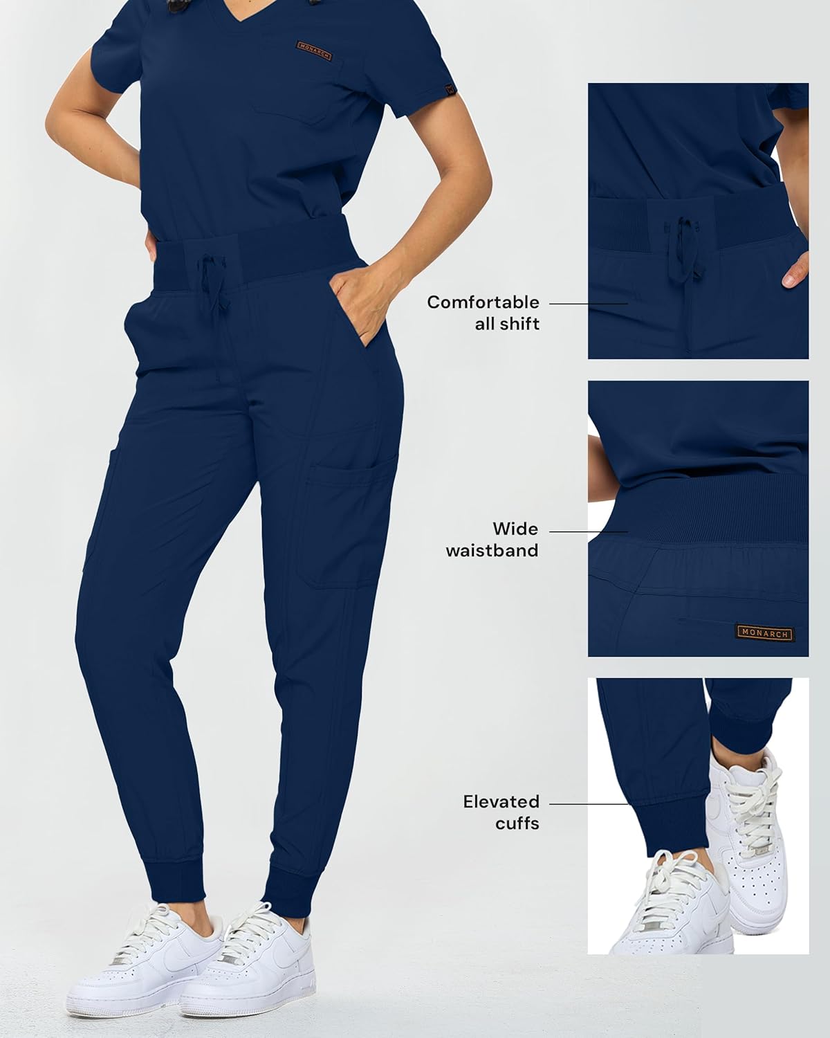 Monarch Uniforms Slim Fit Stretchy Scrubs Women's Jogger Scrub Set with Tuck-In Top - Navy