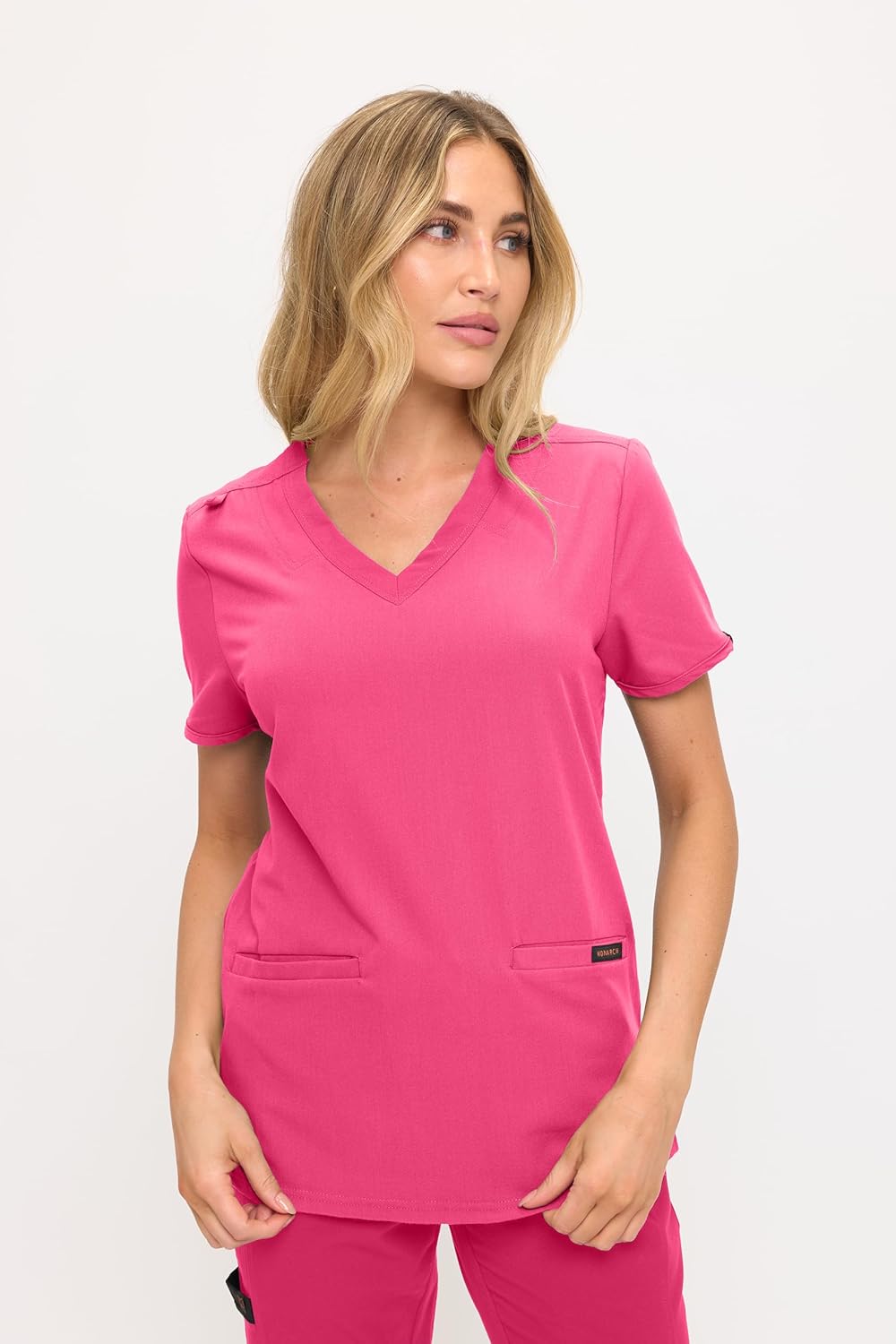 Monarch Uniforms Women's Scrub Top – Comfortable Stretch V-Neck Medical Shirt with Pockets - Hot Pink
