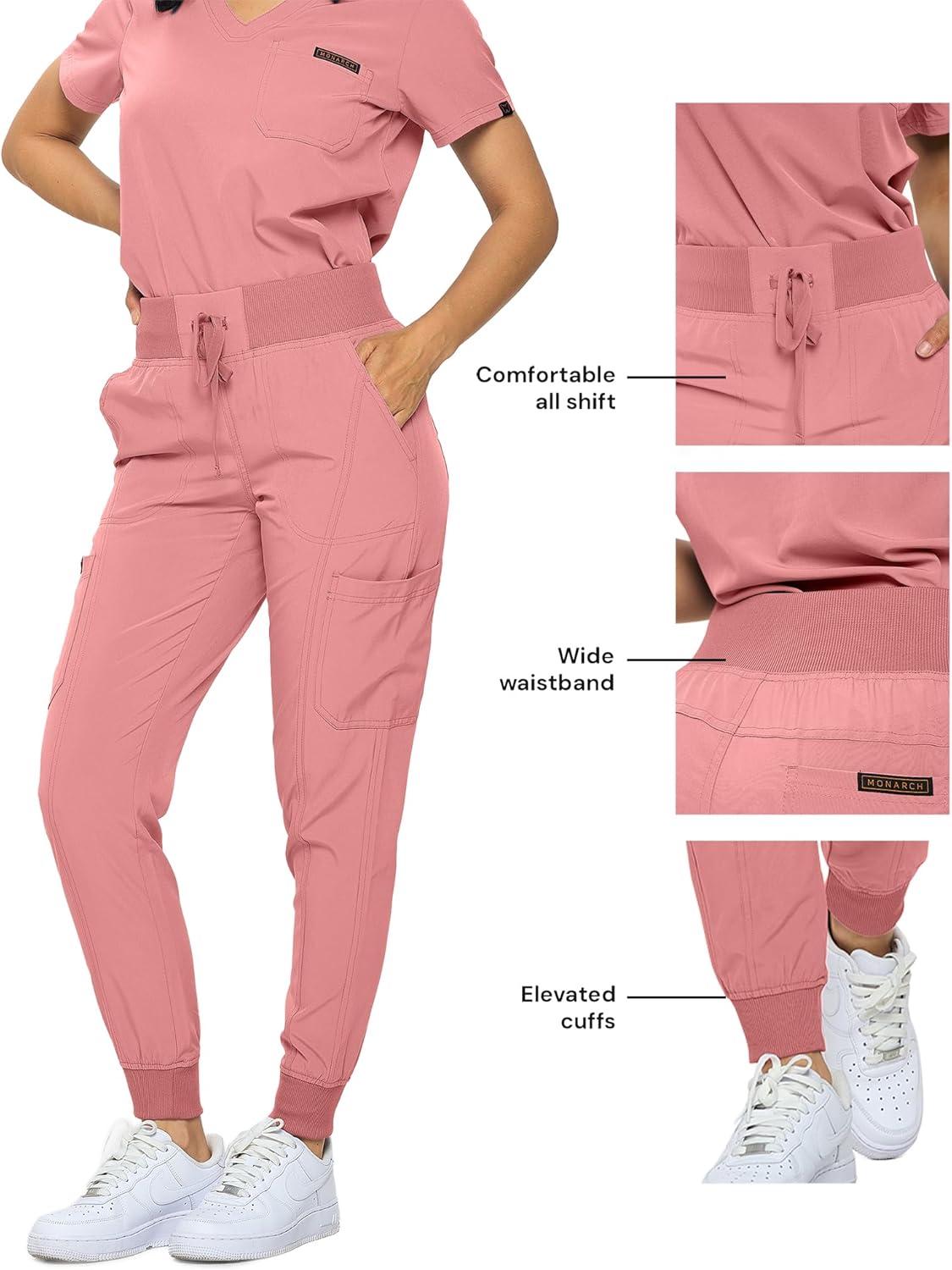 Monarch Uniforms Slim Fit Stretchy Scrubs Women's Jogger Scrub Set with Tuck-In Top - Mauve