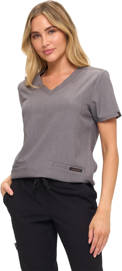 Monarch Uniforms Women's Scrub Top – Comfortable Stretch V-Neck Medical Shirt with Pockets - Heather Grey