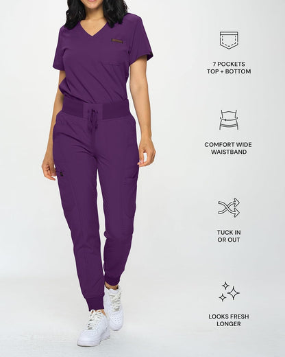 Monarch Uniforms Slim Fit Stretchy Scrubs Women's Jogger Scrub Set with Tuck-In Top - Eggplant