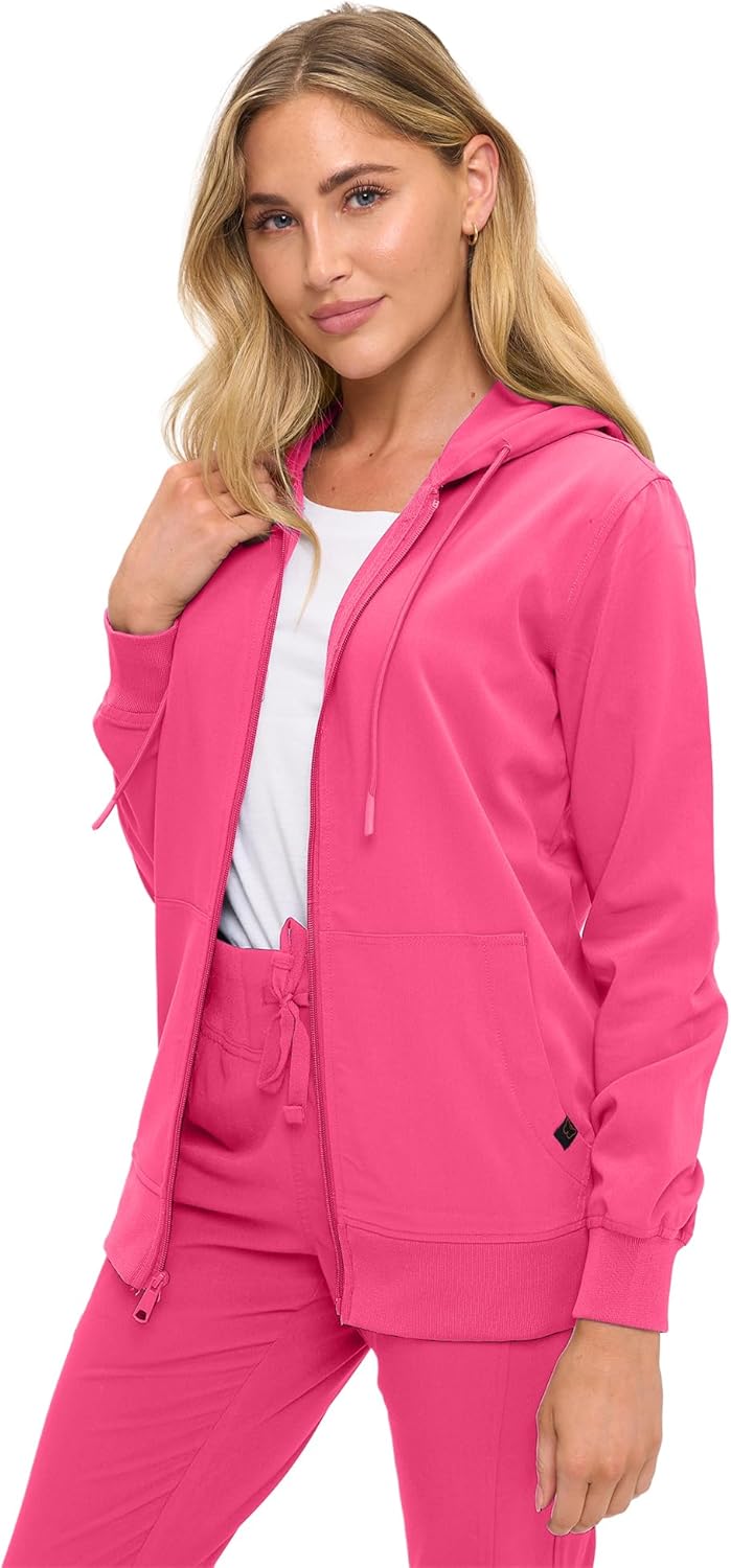 Monarch Uniforms Women's Scrub Jacket Hoodie – Lightweight Zip Up Nursing Jacket - Hot Pink