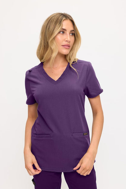 Monarch Uniforms Women's Scrub Top – Comfortable Stretch V-Neck Medical Shirt with Pockets - Eggplant