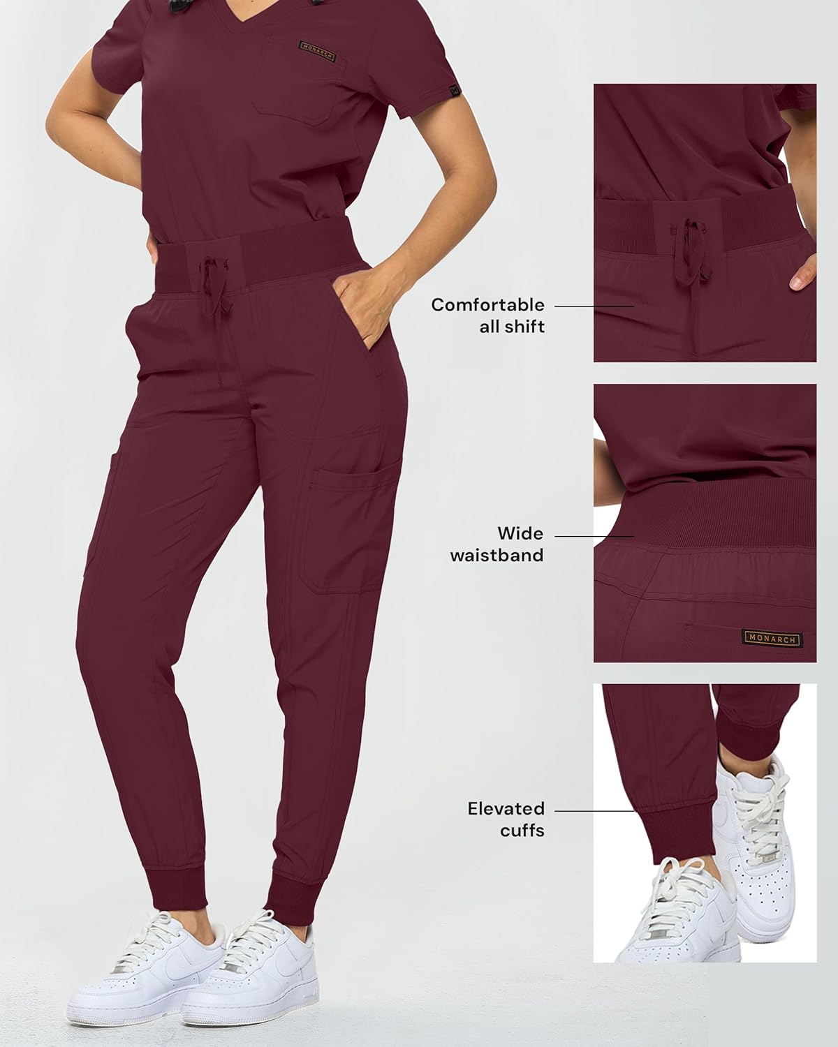 Monarch Uniforms Slim Fit Stretchy Scrubs Women's Jogger Scrub Set with Tuck-In Top - Burgundy