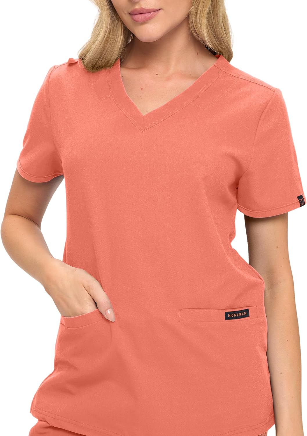 Monarch Uniforms Women's Scrub Top – Comfortable Stretch V-Neck Medical Shirt with Pockets - Coral