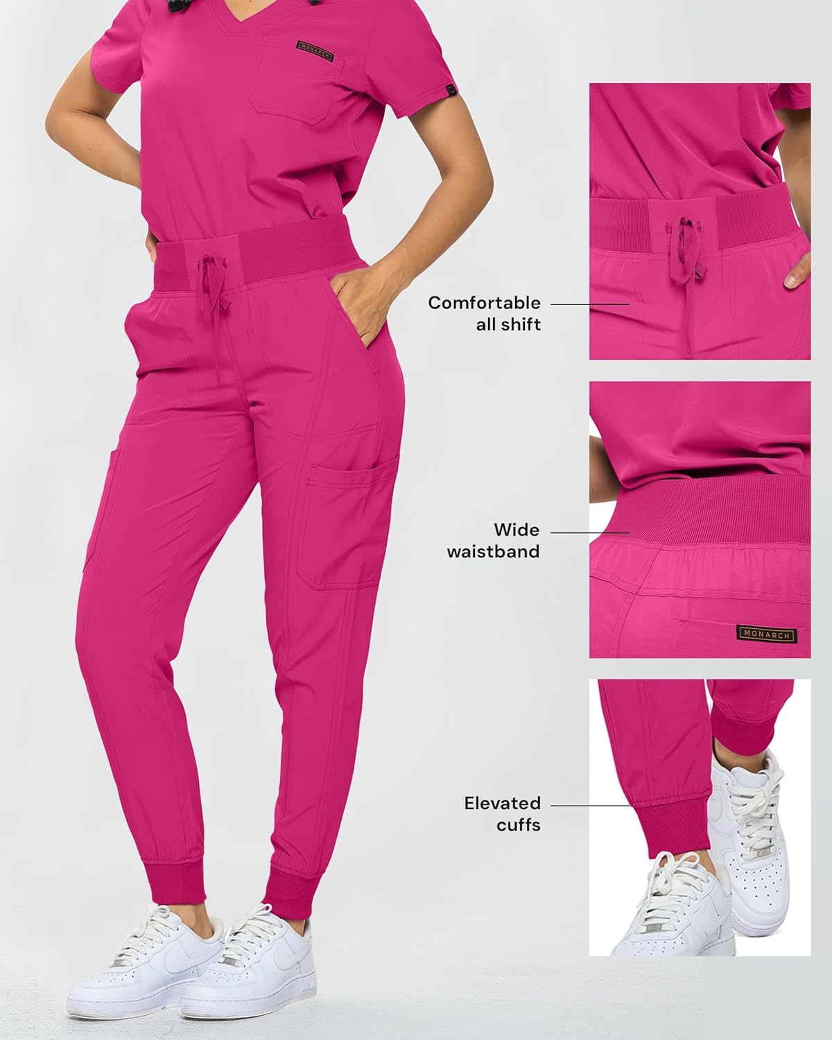 Monarch Uniforms Slim Fit Stretchy Scrubs Women's Jogger Scrub Set with Tuck-In Top - Hot Pink