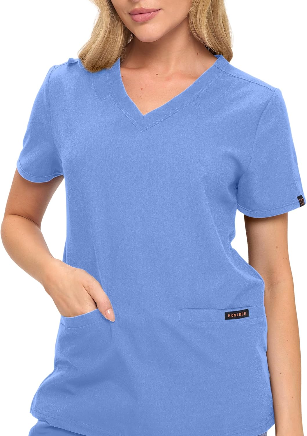 Monarch Uniforms Women's Scrub Top – Comfortable Stretch V-Neck Medical Shirt with Pockets - Ceil Blue