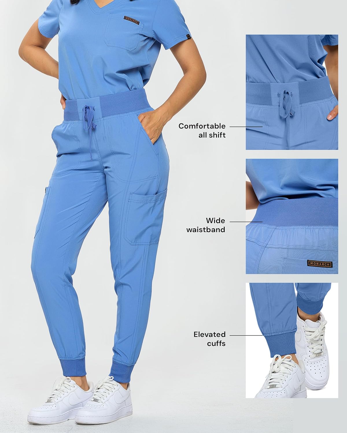 Monarch Uniforms Slim Fit Stretchy Scrubs Women's Jogger Scrub Set with Tuck-In Top - Ceil Blue