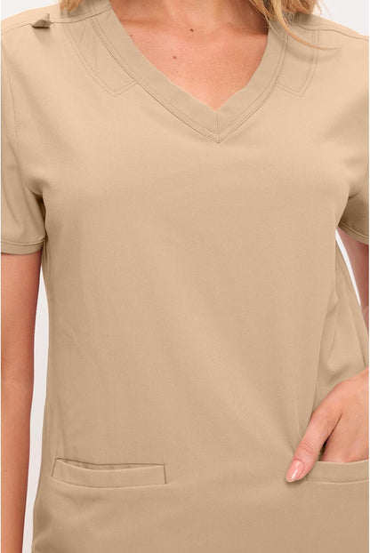 Monarch Uniforms Women's Soft Stretch Scrub Set With Nine Pockets – V-Neck Top & High-Waisted Bootcut Pants - Khaki
