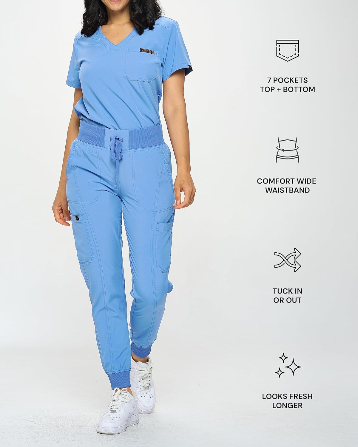 Monarch Uniforms Slim Fit Stretchy Scrubs Women's Jogger Scrub Set with Tuck-In Top - Ceil Blue