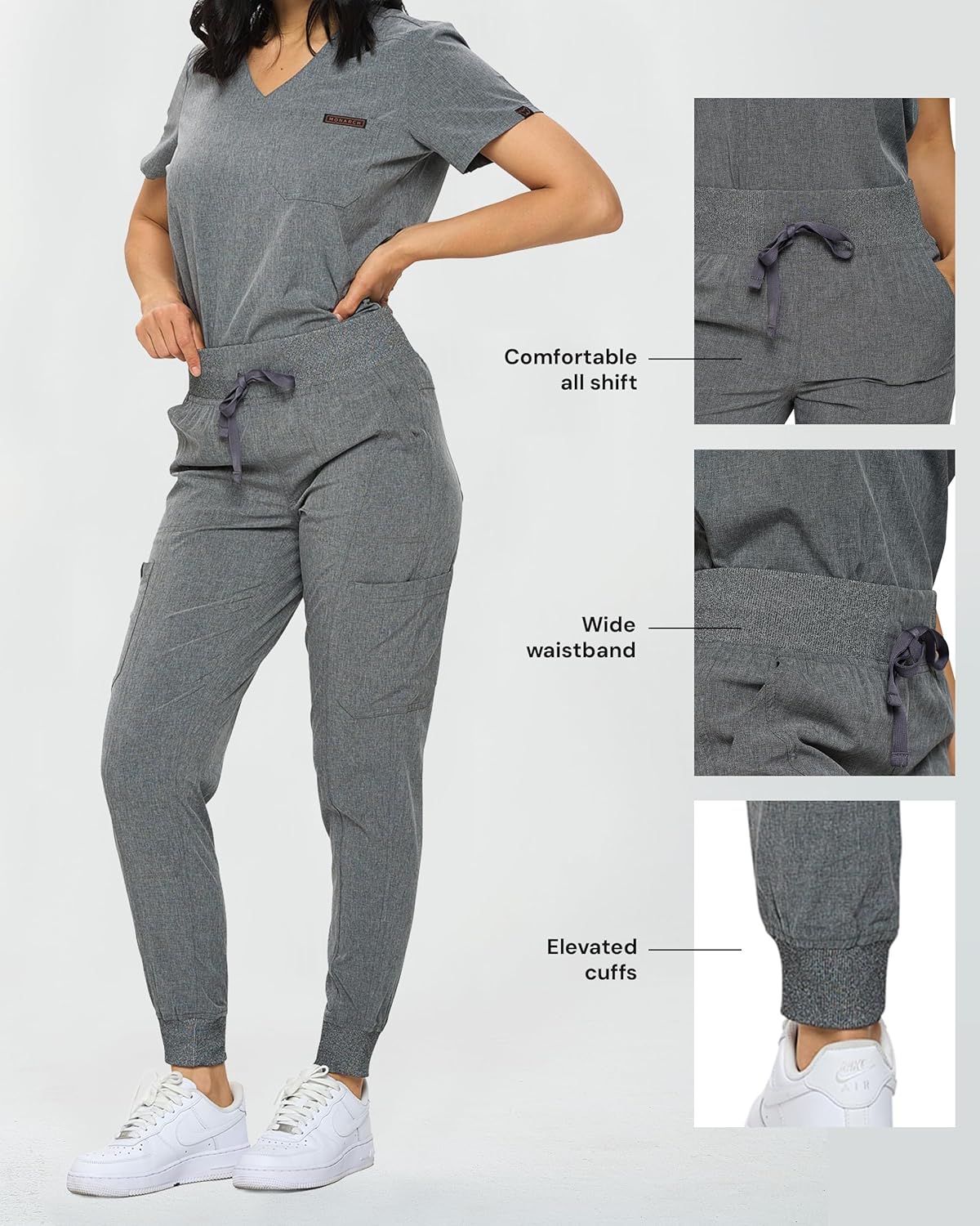 Monarch Uniforms Slim Fit Stretchy Scrubs Women's Jogger Scrub Set with Tuck-In Top - Heather Gray