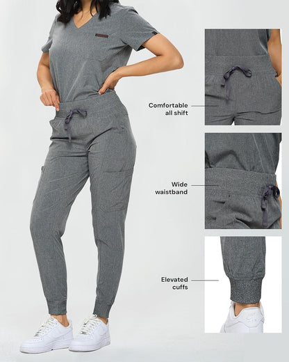 Monarch Uniforms Slim Fit Stretchy Scrubs Women's Jogger Scrub Set with Tuck-In Top - Heather Gray