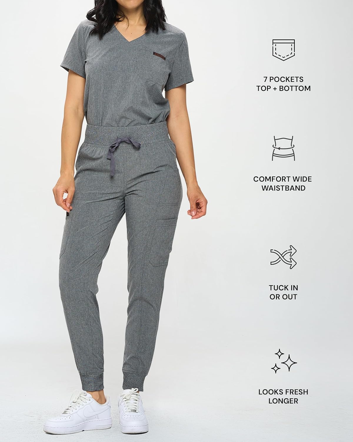 Monarch Uniforms Slim Fit Stretchy Scrubs Women's Jogger Scrub Set with Tuck-In Top - Heather Gray