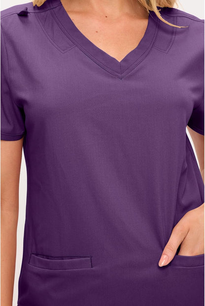 Monarch Uniforms Women's Soft Stretch Scrub Set With Nine Pockets – V-Neck Top & High-Waisted Bootcut Pants - Eggplant
